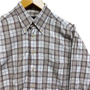Sportex Mens XL Plaid Button Down Shirt Brown Tan White Long Sleeve Collared